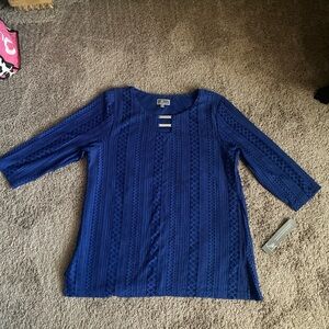 JM Collection Blue Ribbed 3/4 Sleeve Blouse